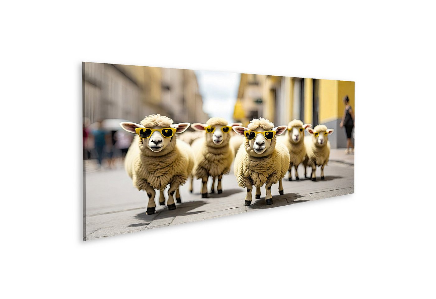 islandburner Leinwandbild Gruppe Schafe mit gelber Sonnenbrille die durch Stadt gehen Bilder von islandburner