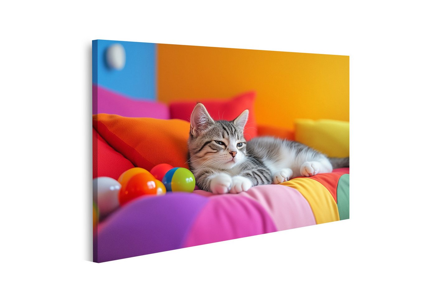 islandburner Leinwandbild Katze auf buntem Kissen mit Bällen islandburner Leinwandbild Katze auf buntem Kissen mit Bällen von islandburner