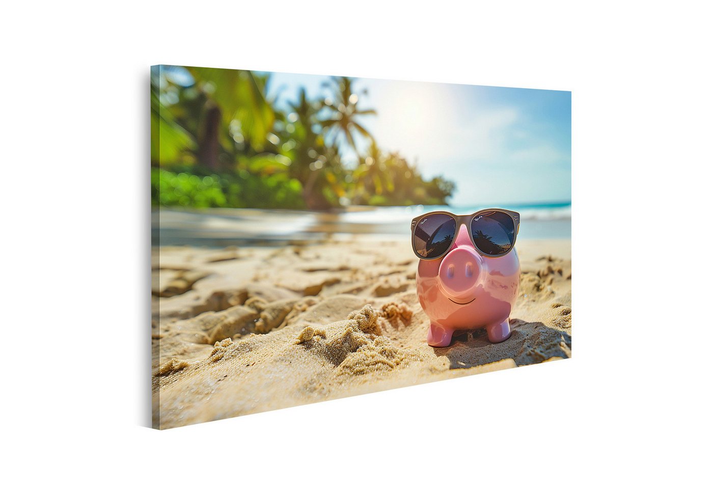 islandburner Leinwandbild Sparschwein mit Sonnenbrille entspannt an tropischem Strand als spaßi von islandburner