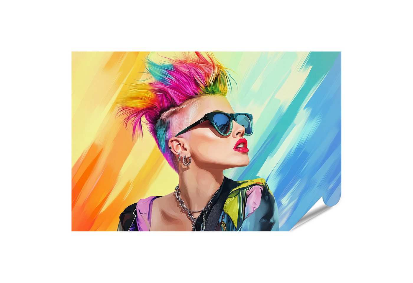 islandburner Poster, Frau mit buntem Irokesenschnitt und Sonnenbrille islandburner Poster, Frau mit buntem Irokesenschnitt und Sonnenbrille von islandburner