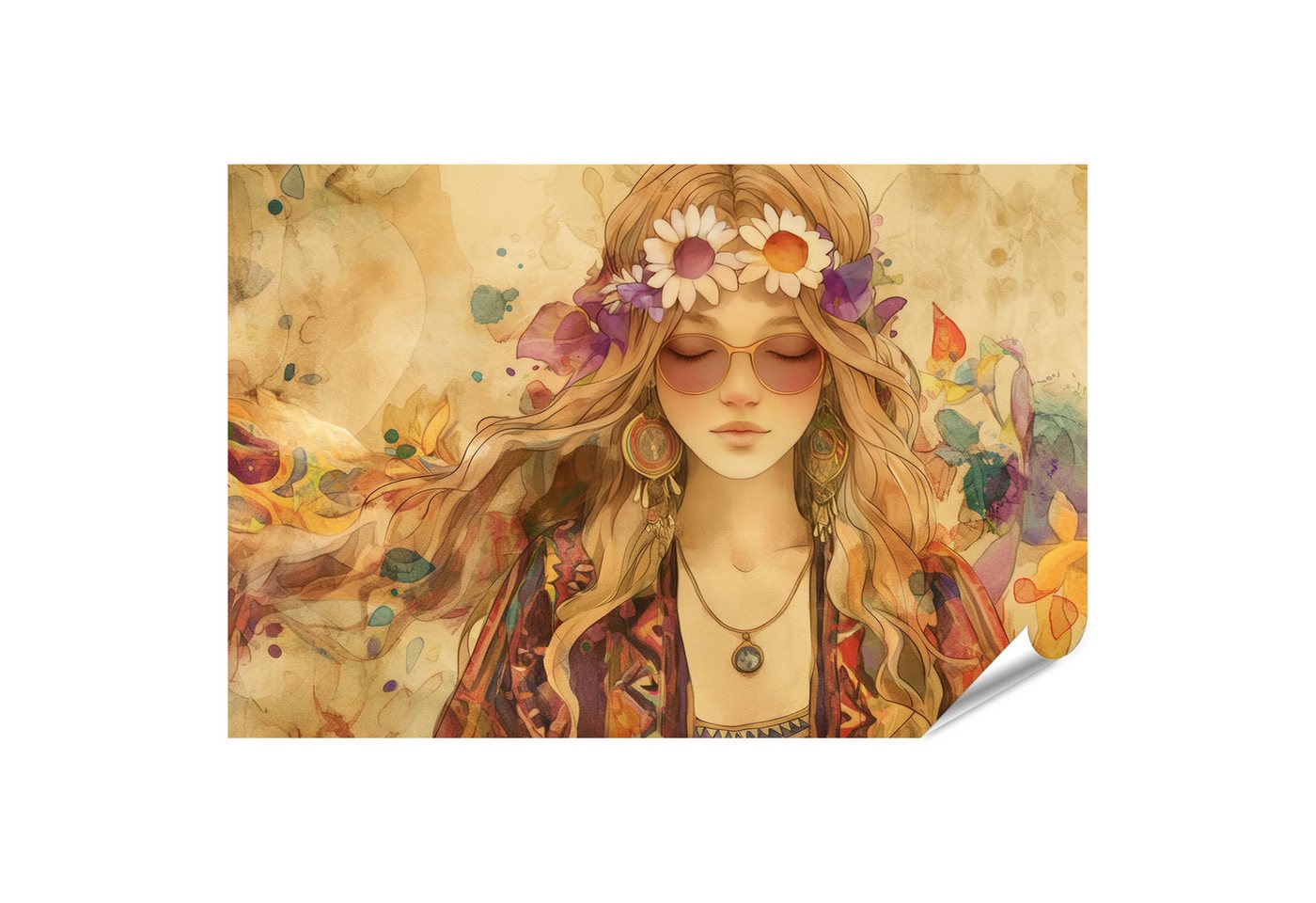 islandburner Poster, Hippie Mädchen mit Blumenkranz und Sonnenbrille islandburner Poster, Hippie Mädchen mit Blumenkranz und Sonnenbrille von islandburner