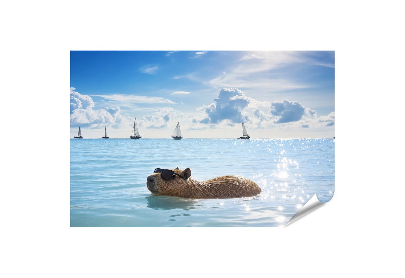 islandburner Poster, Kapibara mit Sonnenbrille im Meer mit Segelbooten islandburner Poster, Kapibara mit Sonnenbrille im Meer mit Segelbooten von islandburner