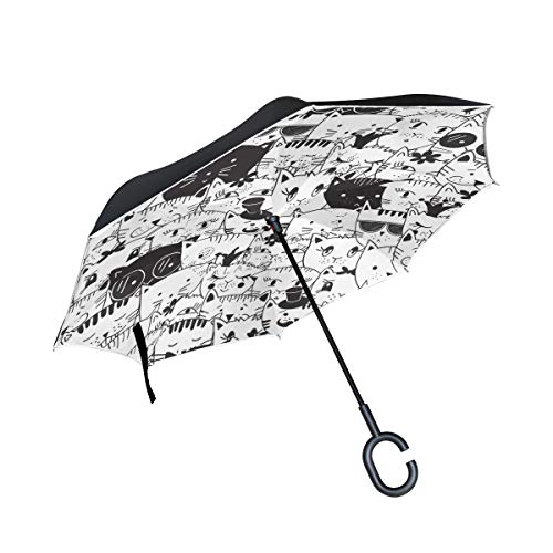 Jeansame Regenschirm, umgekehrter Regenschirm, schwarz-weiß, Katzen-Motiv, doppellagig, Regenschirm, Winddicht, mit C-förmigem Griff, für Autos, Herren und Damen von jeansame