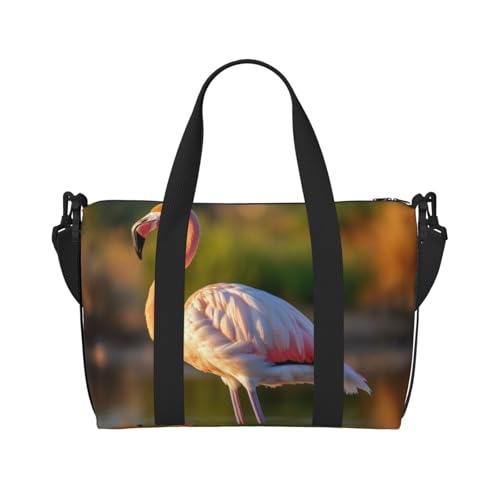 Süße Flamingo-Druck-Tragetasche mit Reißverschluss, lässige Handtasche für Wochenendausflüge und Fitnessstudio-Shopping, Schwarz , Einheitsgröße, Reisetasche von jingong