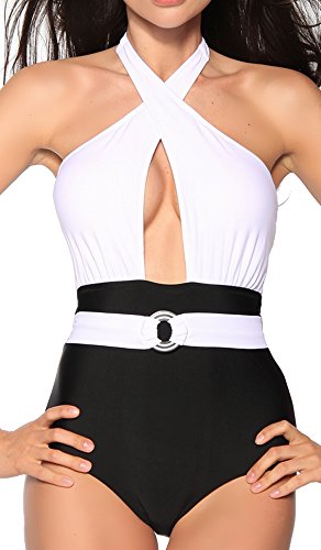 jowiha Vintage Badeanzug Monokini gepaddet 2 Farben Größe S M L XL (Schwarz/Weiß, L) von jowiha