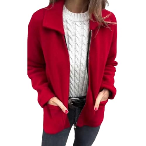 Damen-Strickjacke Mit Reißverschluss Und Taschen, Flauschiger Damen-Wintermantel, Plüsch-Strickjacke Mit Durchgehendem Reißverschluss (S,Rot) von jynuannuan