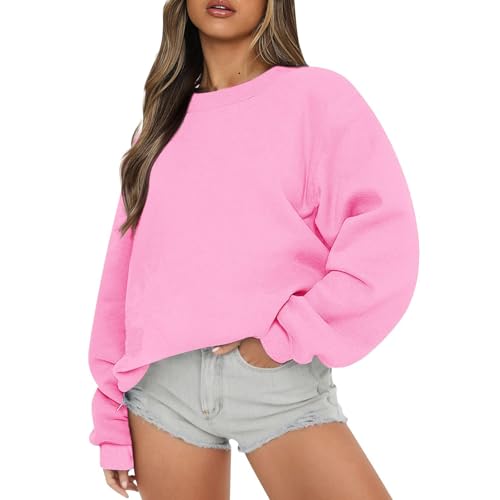 Damen-Sweatshirt, Damen-Sweatshirt Mit Langen Ärmeln Und Rundhalsausschnitt, Herbst-Sweatshirt, Lässige, Lockere Pullover-Oberteile, Modische Kleidung 2024 (2XL,Rosa) von jynuannuan