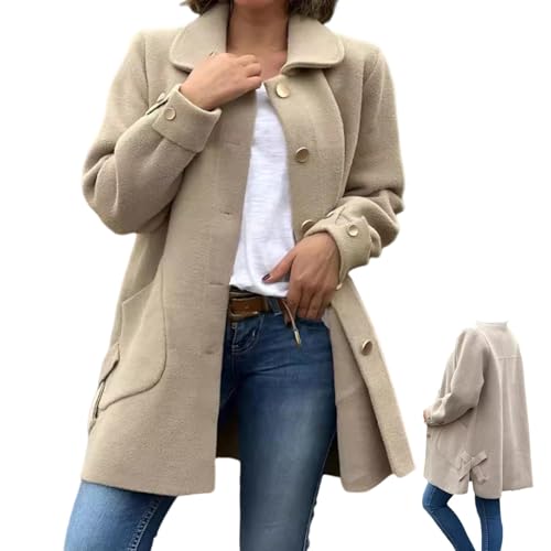 Einreihiger Mantel Für Damen Mit Kragen, Langer Wintermantel Für Damen, Wintermantel Mit Reversknopf, Manteljacke Aus Wollmischung Mit Taschen (S,Aprikose) von jynuannuan