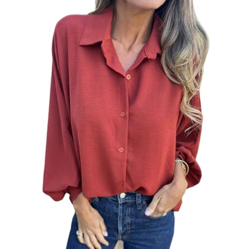 Elegantes, Einfarbiges Button-Up-Hemd Für Damen, Damenblusen Mit V-Ausschnitt Und Puffärmeln, Herbst 2024, Business-Casual-Hemden, Chiffon-Tuniken Fürs Büro Und Die Arbeit (Rot,5XL) von jynuannuan