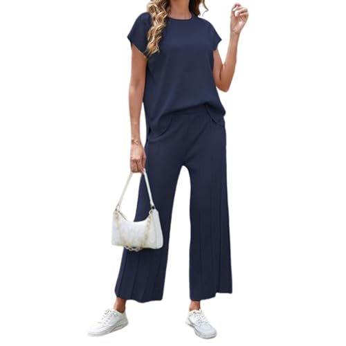 Elegantes Und Bequemes 2-teiliges Set Mit Kurzärmligem Oberteil Und Weiter Hose, Gestrickte Loungewear-Sets Für Damen, Lässige, Kurze, Gerüschte Hose Mit Elastischem Bund Und Weitem Bein (S,Blau) von jynuannuan