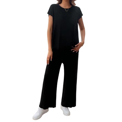 Elegantes Und Bequemes 2-teiliges Set Mit Kurzärmligem Oberteil Und Weiter Hose, Gestrickte Loungewear-Sets Für Damen, Lässige, Kurze, Gerüschte Hose Mit Elastischem Bund Und Weitem Bein (M,Schwarz) von jynuannuan