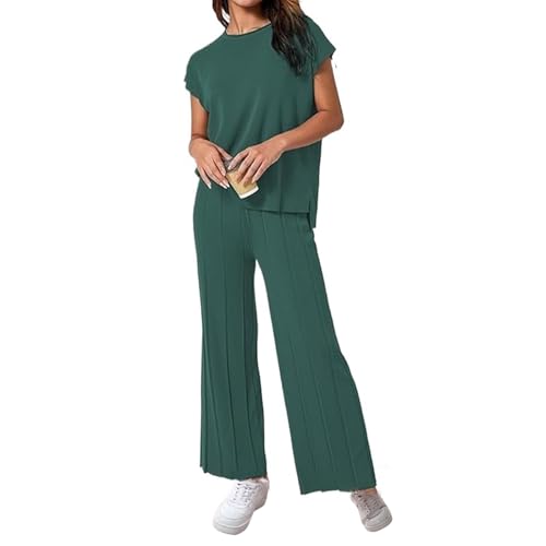 Elegantes Und Bequemes 2-teiliges Set Mit Kurzärmligem Oberteil Und Weiter Hose, Gestrickte Loungewear-Sets Für Damen, Lässige, Kurze, Gerüschte Hose Mit Elastischem Bund Und Weitem Bein (XL,Grün) von jynuannuan