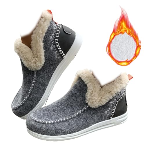 Flache, Flauschige Stiefeletten Für Damen, Mini-Stiefel, rutschfeste, Warme Schneestiefeletten, Runde Zehenpartie, Slipper Mit Besticktem Patchwork (41,Grau) von jynuannuan