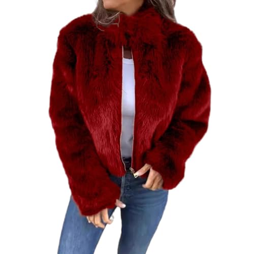 Freizeitjacke Mit Hohem Kragen Und Reißverschluss Für Damen, Kunstpelzjacken Für Damen, Warme, Zottelige Oberbekleidung Mit Hohem Kragen Und Langen Ärmeln (Rot,XL) von jynuannuan