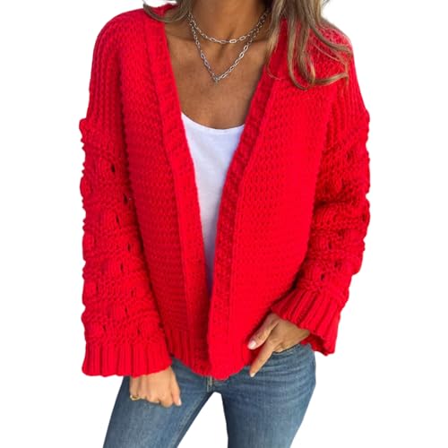 Gemütliche Strickjacke Für Damen, Damenmode 2024, Lässig, Vorne Offen, Lange Ärmel, Grob Gestrickte Strickjacke, Pullover, Oberbekleidung (XL,Rot) von jynuannuan