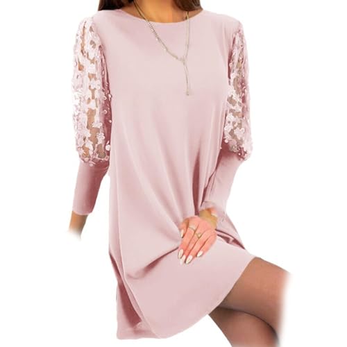 Hemdkleid Mit Puffärmeln, Langärmlige Pullover-Oberteile Für Damen, Herbst 2024, Lässiges Rundhalskleid Mit Langen Spitzenärmeln, Geblümtes Kleid Mit Puffärmeln (XL,Rosa) von jynuannuan