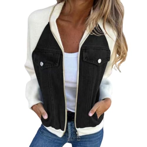 Jeansjacke Mit Reißverschluss Für Damen, Jeansjacke Für Damen, Jeansjacke Mit Umlegekragen Für Damen, Langarmjacke Mit Reißverschluss Und Taschen Für Damen (Weiß,2XL) von jynuannuan