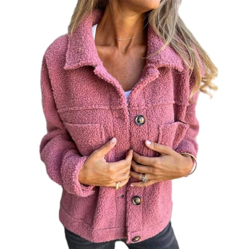 Kurze, Warme Reversjacke Für Damen, Flauschige Fleecejacke Für Damen, Flauschige Sherpa-Mäntel Mit Knopfleiste, Warme Winterjacke Mit Taschen (5XL,Rosa) von jynuannuan