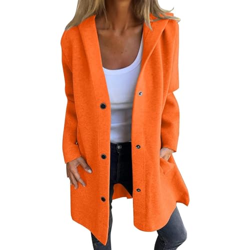 Lässige Einreihige Kapuzenjacke, Einreihiger Damenmantel Mit Kapuze, Langer Trenchcoat, Lässige Einreihige Kapuzenjacke Mit Reverskragen, Langärmliger Trenchcoat In Volltonfarbe (3XL,Orange) von jynuannuan