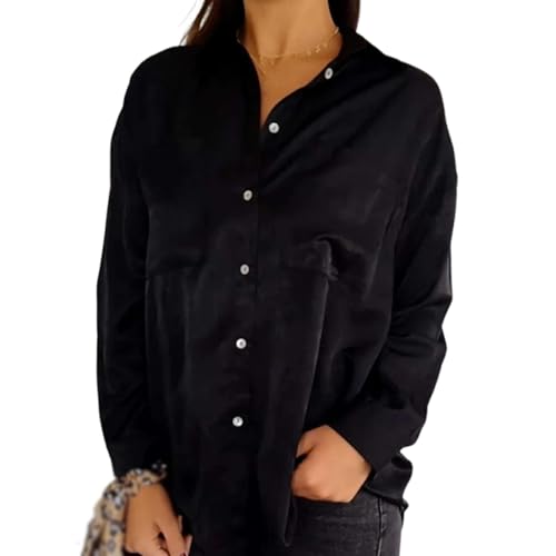 Langärmlige Button-Down-Hemden Mit Einfarbigem Revers Für Damen, Lässige V-Ausschnitt-Bluse Mit Langen Ärmeln Und Tasche, Knitterfreie Langarmhemden, Lockere Freizeitoberteile (Schwarz,L) von jynuannuan