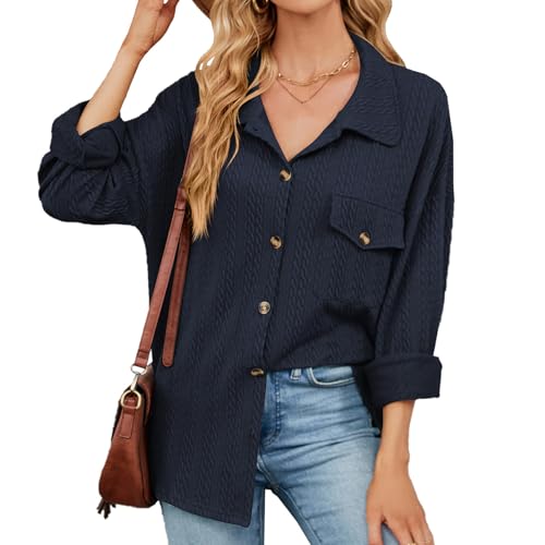 Langärmliges Strickoberteil Mit Manschetten Und Knopfleiste Für Damen, Shacket-Jacke Mit Zopfmuster Für Damen, Langärmliges Button-Down-Shirt (Dunkelblau,M) von jynuannuan