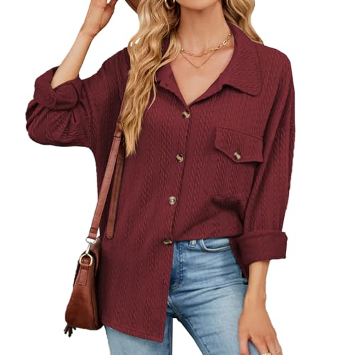 Langärmliges Strickoberteil Mit Manschetten Und Knopfleiste Für Damen, Shacket-Jacke Mit Zopfmuster Für Damen, Langärmliges Button-Down-Shirt (Rot,S) von jynuannuan