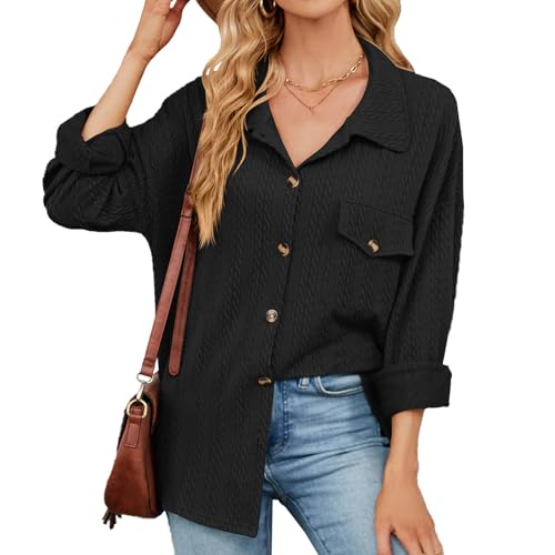 Langärmliges Strickoberteil Mit Manschetten Und Knopfleiste Für Damen, Shacket-Jacke Mit Zopfmuster Für Damen, Langärmliges Button-Down-Shirt (Schwarz,M) von jynuannuan