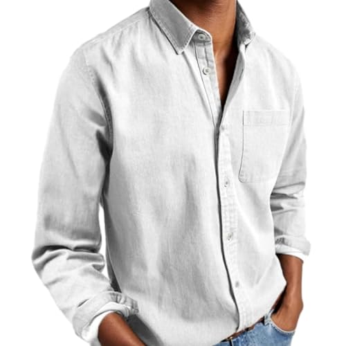 Langarmhemd, Langärmliges Button-Down-Hemd Für Herren, Hemden, Lässig, Einfarbig, Normale Passform, Hemd Mit Tasche, Langärmliges Knitterfreies Herrenhemd (2XL,White) von jynuannuan