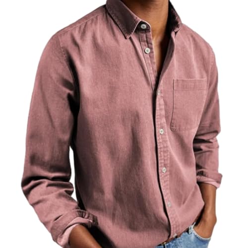 Langarmhemd, Langärmliges Button-Down-Hemd Für Herren, Hemden, Lässig, Einfarbig, Normale Passform, Hemd Mit Tasche, Langärmliges Knitterfreies Herrenhemd (4XL,Pink) von jynuannuan