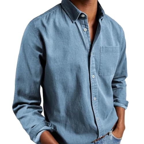 Langarmhemd, Langärmliges Button-Down-Hemd Für Herren, Hemden, Lässig, Einfarbig, Normale Passform, Hemd Mit Tasche, Langärmliges Knitterfreies Herrenhemd (5XL,Light Blue) von jynuannuan