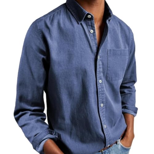 Langarmhemd, Langärmliges Button-Down-Hemd Für Herren, Hemden, Lässig, Einfarbig, Normale Passform, Hemd Mit Tasche, Langärmliges Knitterfreies Herrenhemd (XL,Blue) von jynuannuan