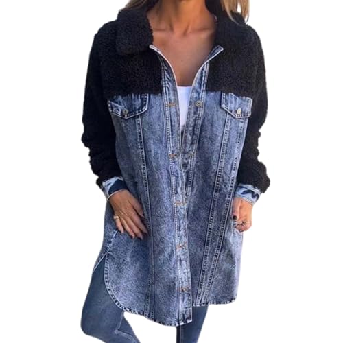 Lange Jeansjacke Mit Sherpa-Futter Für Damen, Patchwork-Langarmjacke Für Damen, übergroße Jeansjacke Mit Knopfleiste Vorne, Winddichter Sherpa-Mantel Für Den Winter (Blau,L) von jynuannuan