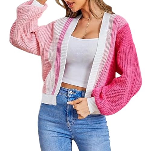 Modische Strickjacke, Kurze Strickjacken Für Damen, Gerippte Strickpullover, Offene Vorderseite, Langärmlige Oberbekleidung (2XL,Rosa) von jynuannuan