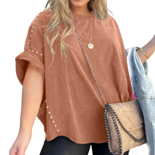 Oversized T-Shirt Met Studs,Casual Summer Studded Blouse Tops,Women's Loose Cotton Crewneck T-Shirt Basic Top (Orange,L) von jynuannuan