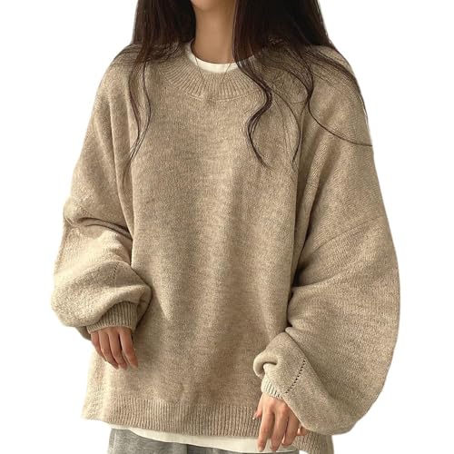 Pullover Mit Rundhalsausschnitt Und Geschlitztem Saum Für Damen, Langärmliger Pullover Für Den Herbst, Lässiger Weicher Rippenstrick (Einheitsgröße,Khaki) von jynuannuan