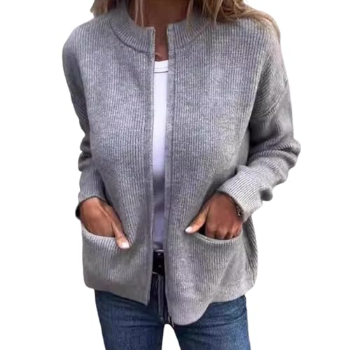 Strickmantel, Damen 2024, Vorne Offen, Langärmlige Strickjacke, Strickjacke Mit Reißverschluss, Gerippte Strickjacke Mit Langen Ärmeln Und Taschen (M,Grau) von jynuannuan