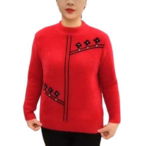 Bedruckter Rundhalspullover Für Damen, Lässiger Rundhalspullover, Modisches Blumenmuster, Lange Ärmel Und überschnittene Schultern, Strickpullover Mit Farbblock Und Blumenmuster (Rot,XL) von jyyyou