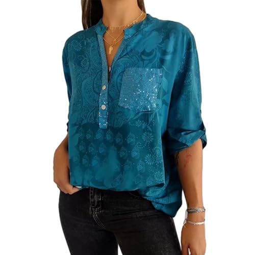 Bedrucktes Oberteil Mit V-Ausschnitt Und Halbhohem Knopfverschluss, Langärmliges Henley-Shirt Für Damen Mit Knopfverschluss Und V-Ausschnitt Und Abgerundetem Saum (Blau,M) von jyyyou