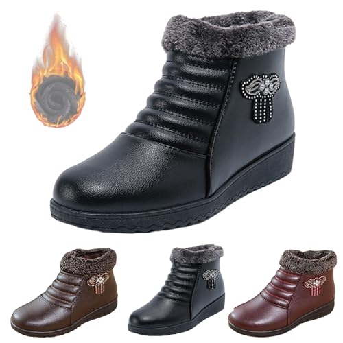 Bequeme, Warme, rutschfeste Winterstiefel Für Damen, Stiefeletten Mit Fußgewölbeunterstützung, Warme, wasserdichte Stiefeletten Mit Fellfutter, Lederstiefel (Schwarz,35) von jyyyou