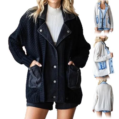 Dearlassie Denim-Cardigan, Dearlassie Der Denim-Cardigan Mit Taschen, Dearlassie-Cardigan Mit Denim Für Damen, Langer Denim-Strickcardigan Für Damen (Zwart,S) von jyyyou