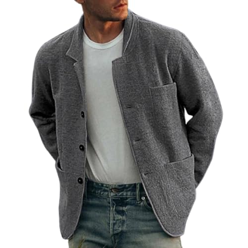 Einfarbige Freizeitjacke Für Herren, Legere Baumwolljacke Mit Langen Ärmeln Und Knopfleiste, Leichte Herbstjacke Mit Langen Ärmeln Und Knopfleiste, Sportjacke Mit Strickjacke (Grau,L) von jyyyou