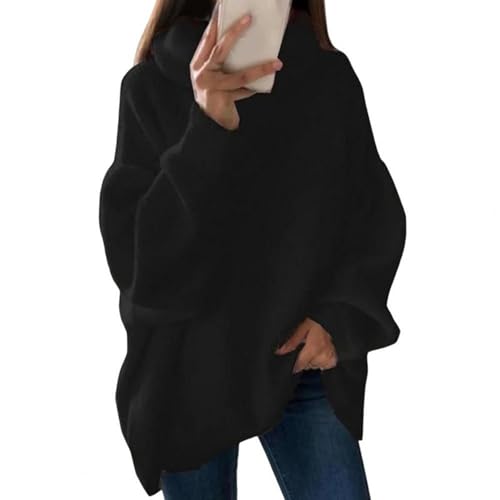 Einfarbiger Rollkragenpullover Mit Lockerem Strick Für Damen, Übergroße Pullover Für Damen, Rollkragenpullover Mit Langen Laternenärmeln Und Grobem Strick (Schwarz,3XL) von jyyyou