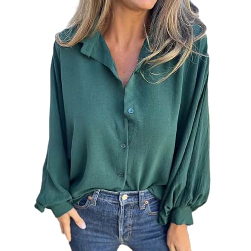 Einfarbiges Button-up-Hemd Für Damen, Damenbluse Mit V-Ausschnitt Und Laternenärmeln, Button-Down-Bluse Mit Gesmokten Manschetten, Lässige Bluse Mit Lockerer Passform (Grün,M) von jyyyou