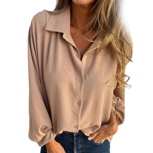 Einfarbiges Button-up-Hemd Für Damen, Damenbluse Mit V-Ausschnitt Und Laternenärmeln, Button-Down-Bluse Mit Gesmokten Manschetten, Lässige Bluse Mit Lockerer Passform (Khaki,2XL) von jyyyou