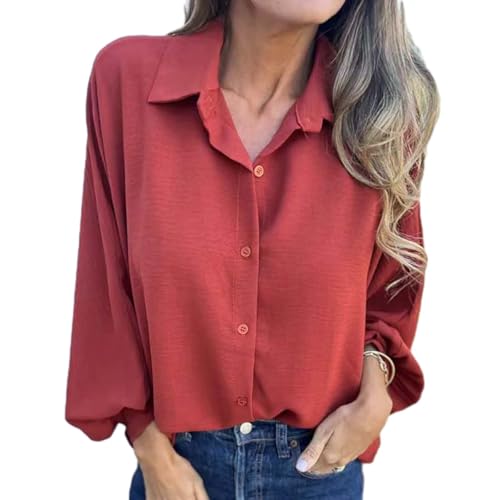 Einfarbiges Button-up-Hemd Für Damen, Damenbluse Mit V-Ausschnitt Und Laternenärmeln, Button-Down-Bluse Mit Gesmokten Manschetten, Lässige Bluse Mit Lockerer Passform (Rot,5XL) von jyyyou