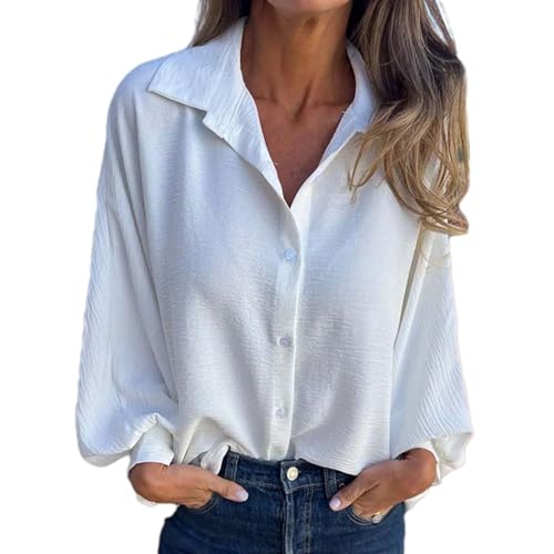 Einfarbiges Button-up-Hemd Für Damen, Damenbluse Mit V-Ausschnitt Und Laternenärmeln, Button-Down-Bluse Mit Gesmokten Manschetten, Lässige Bluse Mit Lockerer Passform (Weiß,4XL) von jyyyou