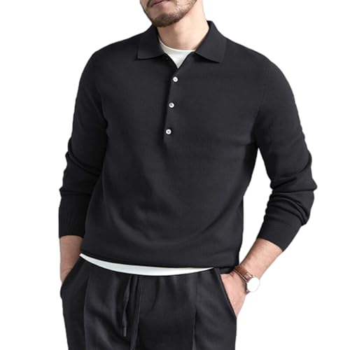 Eleganter, Stylischer Strickpullover, Lässiger Langarmpullover Für Herren, Warmer Polo-Strickpullover Mit Rollkragen Und Viertelknöpfen (Black,3XL) von jyyyou