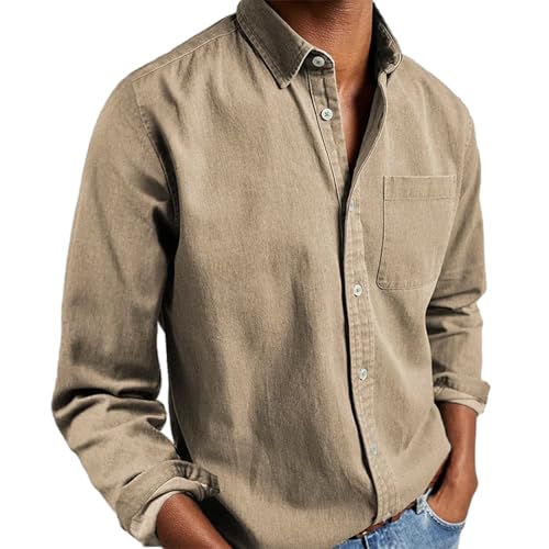 Freizeithemd, Langärmliges Button-Down-Hemd Für Herren, Langärmliges Hemd Zum Überziehen, Lässiges Business-Hemd Zum Überziehen Mit Tasche (Khaki,2XL) von jyyyou