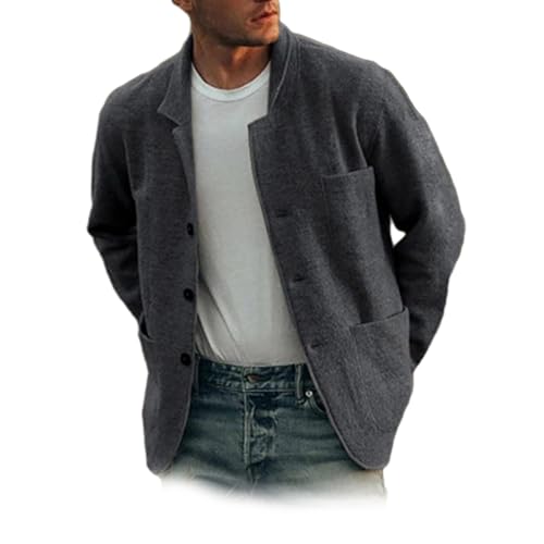 Freizeitjacke Für Herren, Lässige Button-Down-Hemdjacke Mit Langen Ärmeln Und Taschen, Leichte Hemdjacke, Herbstmantel Mit Stehkragen Und Button-Down-Kragen (Dunkelgrau,2XL) von jyyyou