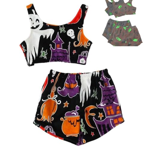 Gruseliges Pyjama-Set Mit Weste, Im Dunkeln Leuchtendes Halloween-Pyjama-Set Mit Weste, Pyjama-Set Aus Flanell, Leuchtendes Halloween-Print Für Damen (Lila,L) von jyyyou